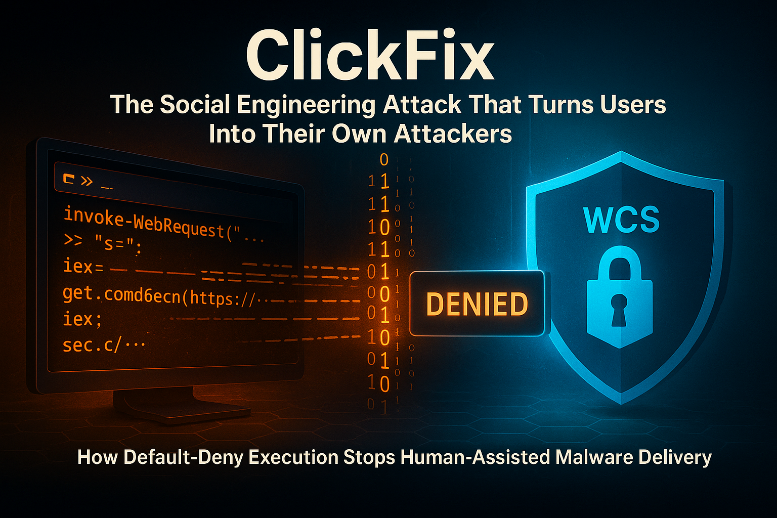 ClickFix social engineering attack — a fake fix dialog tricking a user into pasting a malicious PowerShell command, blocked by White Cloud Security Trust Lockdown before execution